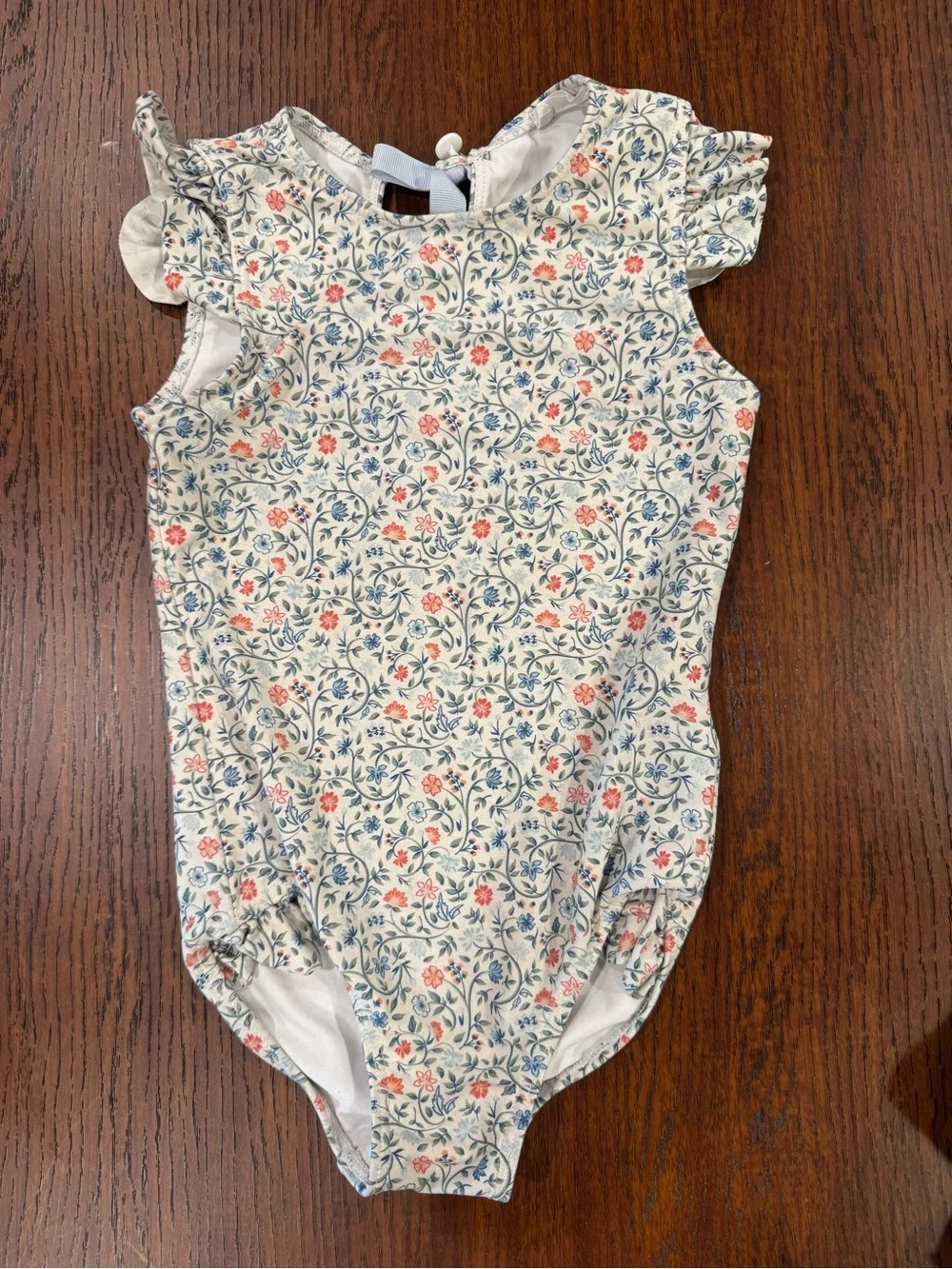 Girls' Floral Ruffle-Sleeve One-Piece Bodysuit - Minnow Cream with Blue & Coral